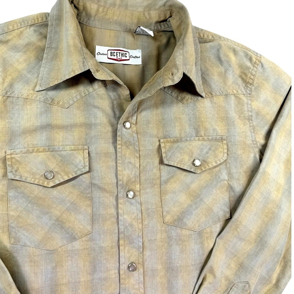 VTG BC Ethic Shirt Men M Pearl Snap Western Plaid Beige‎ Cowboy Rancher Rodeo
